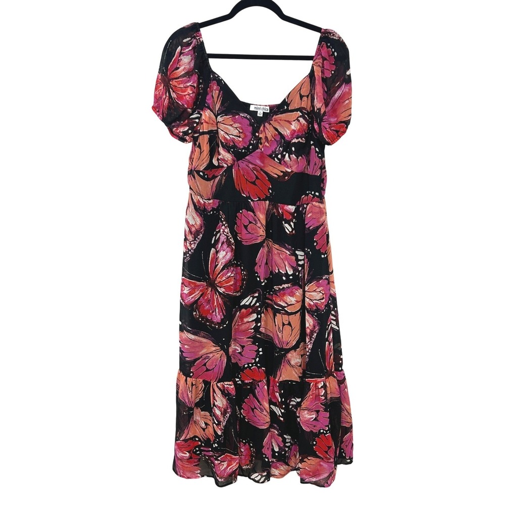 Butterfly Print Puff Sleeve Tiered Midi Dress XL Square Neck Fairycore Coquette